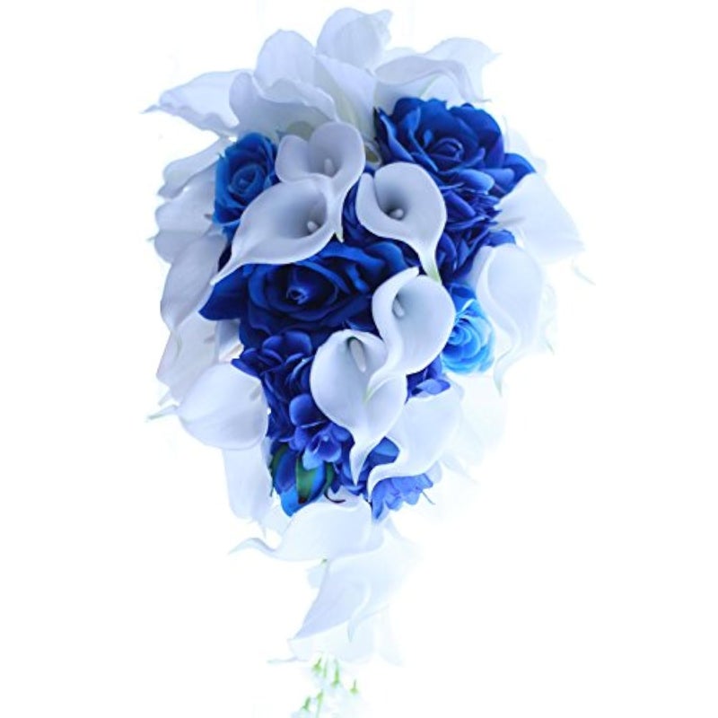 IFFO Royal Blue Bouquet, Bridal Bouquets for Weddingï¼ŒWhite Calla Lily Bridal Bouquet, Water Drops Waterfall Shape, Luxury Jewelry Bouquet Romantic Wedding (No Jewelry) - Image 1